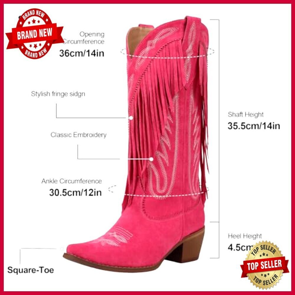 Retro Cowgirl Boots Pointed Toe Pull On Chunky Heel Embroidered Tassel Western - Picture 4 of 7